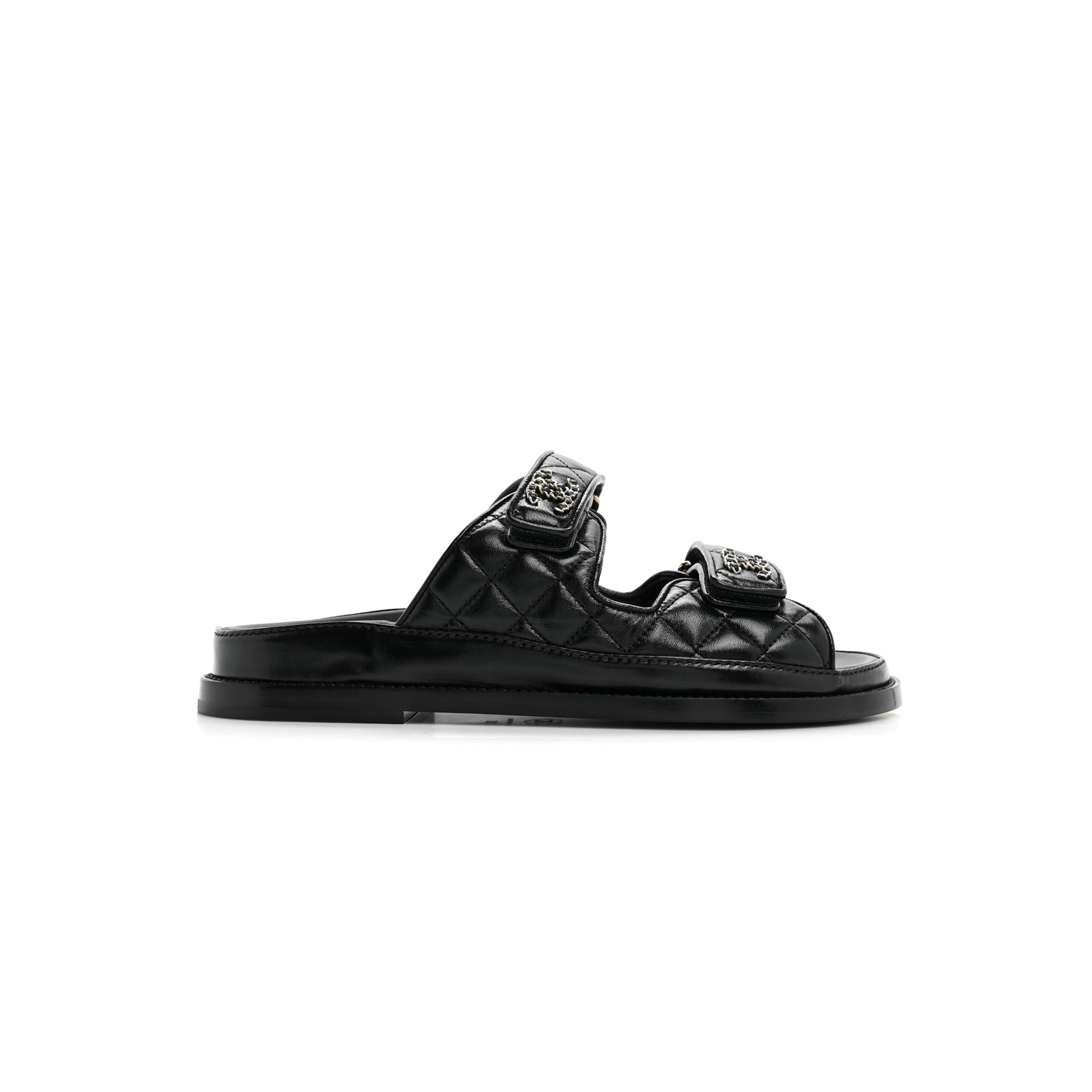 CHANEL LAMBSKIN QUILTED VELCRO DAD CHAIN CC SLIDE SANDALS BLACK G45507
